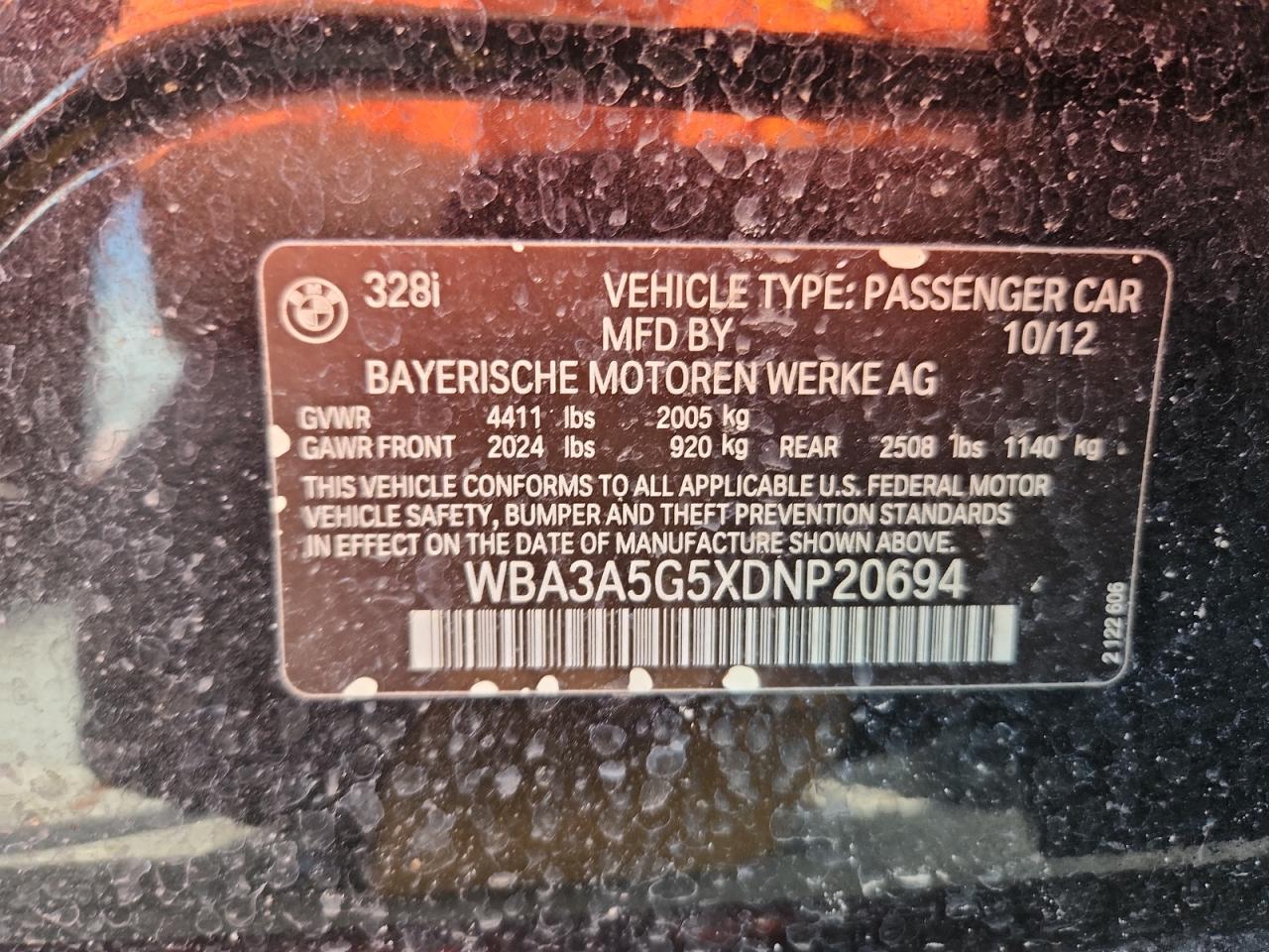 2013 BMW 328 I VIN: WBA3A5G5XDNP20694 Lot: 64731605