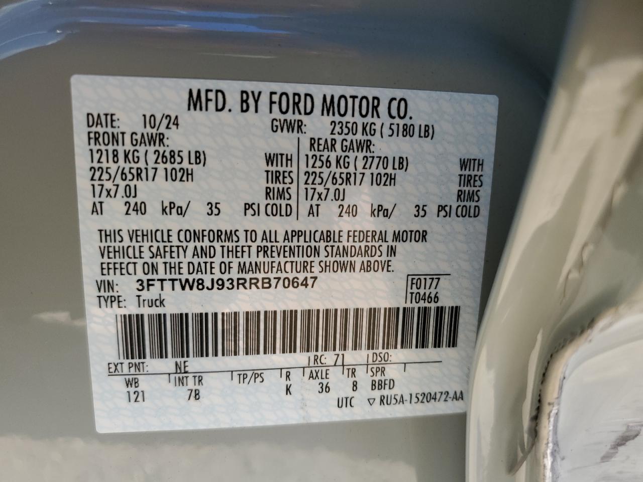 2024 Ford Maverick Xlt VIN: 3FTTW8J93RRB70647 Lot: 63623725
