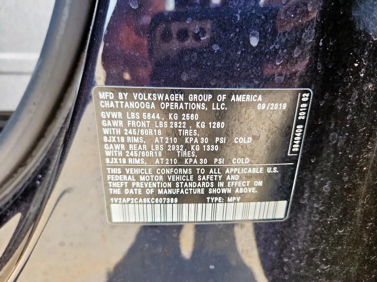 2019 Volkswagen Atlas S VIN: 1V2AP2CA8KC607389 Lot: 62108705