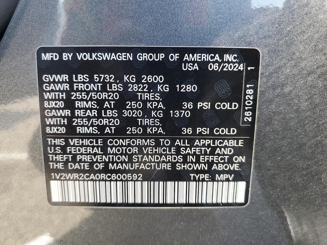 2024 Volkswagen Atlas Se VIN: 1V2WR2CA0RC600592 Lot: 64615575