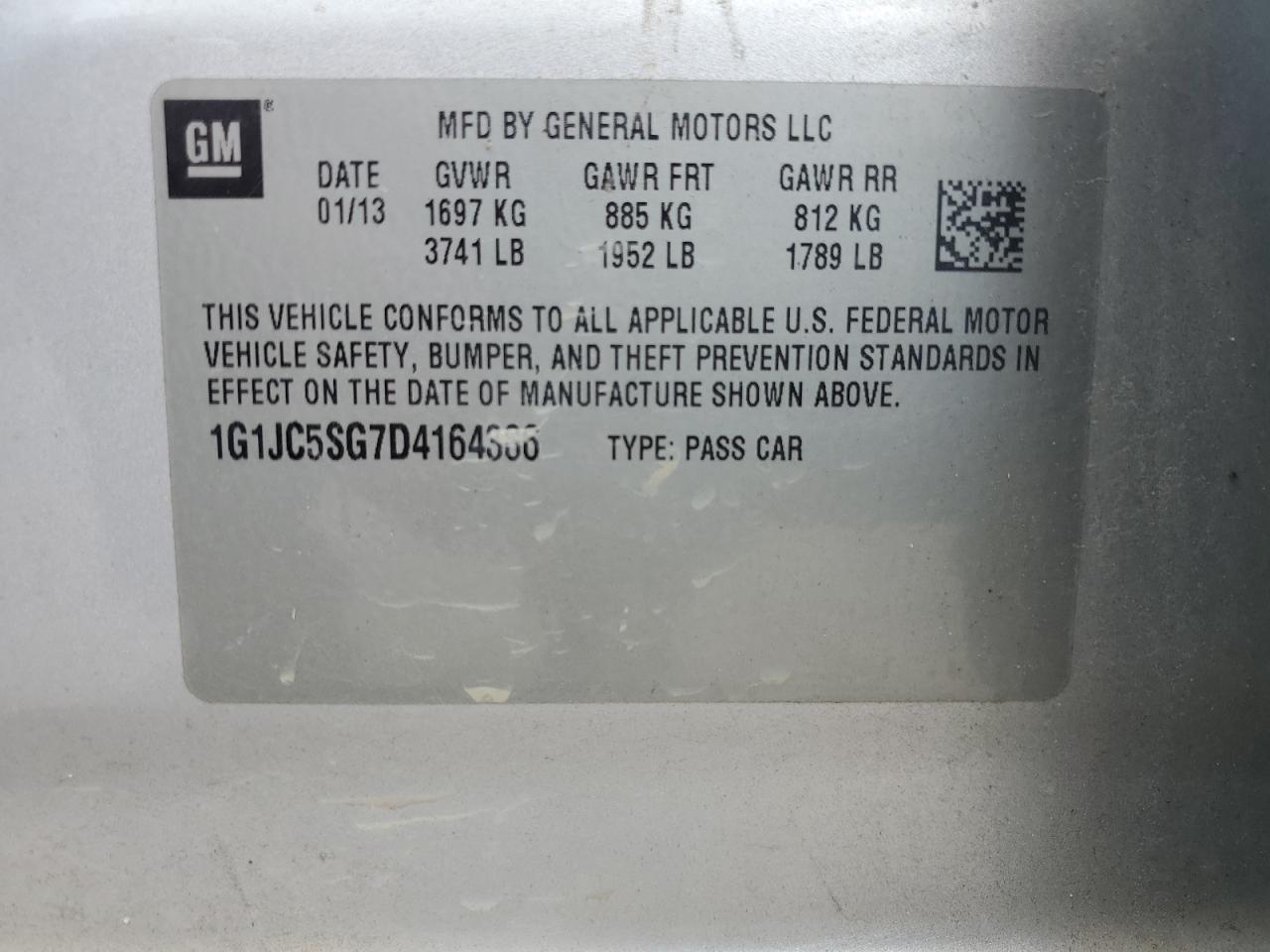 2013 Chevrolet Sonic Lt VIN: 1G1JC5SG7D4164386 Lot: 65775605