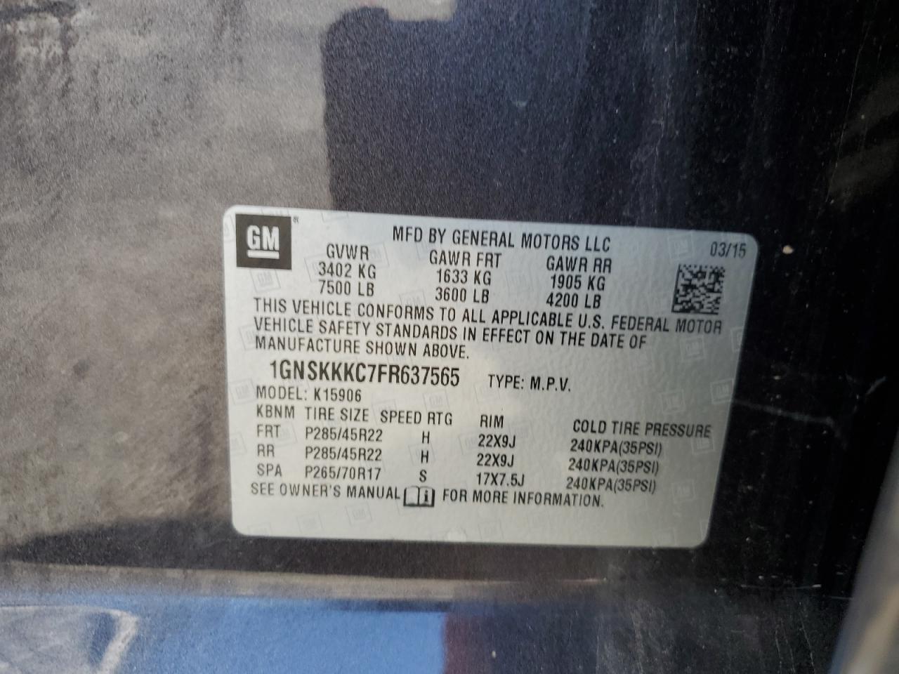 1gnskkkc7fr637565 1GNSKKKC7FR637565 2015 Chevrolet Suburban K1500 Ltz