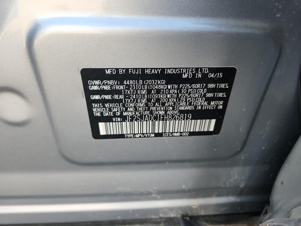2015 Subaru Forester 2.5I Premium VIN: JF2SJADC1FH826819 Lot: 64146345