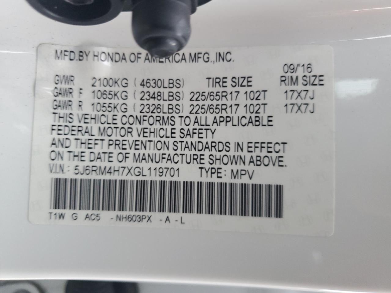 2016 Honda Cr-V Exl VIN: 5J6RM4H7XGL119701 Lot: 66459635