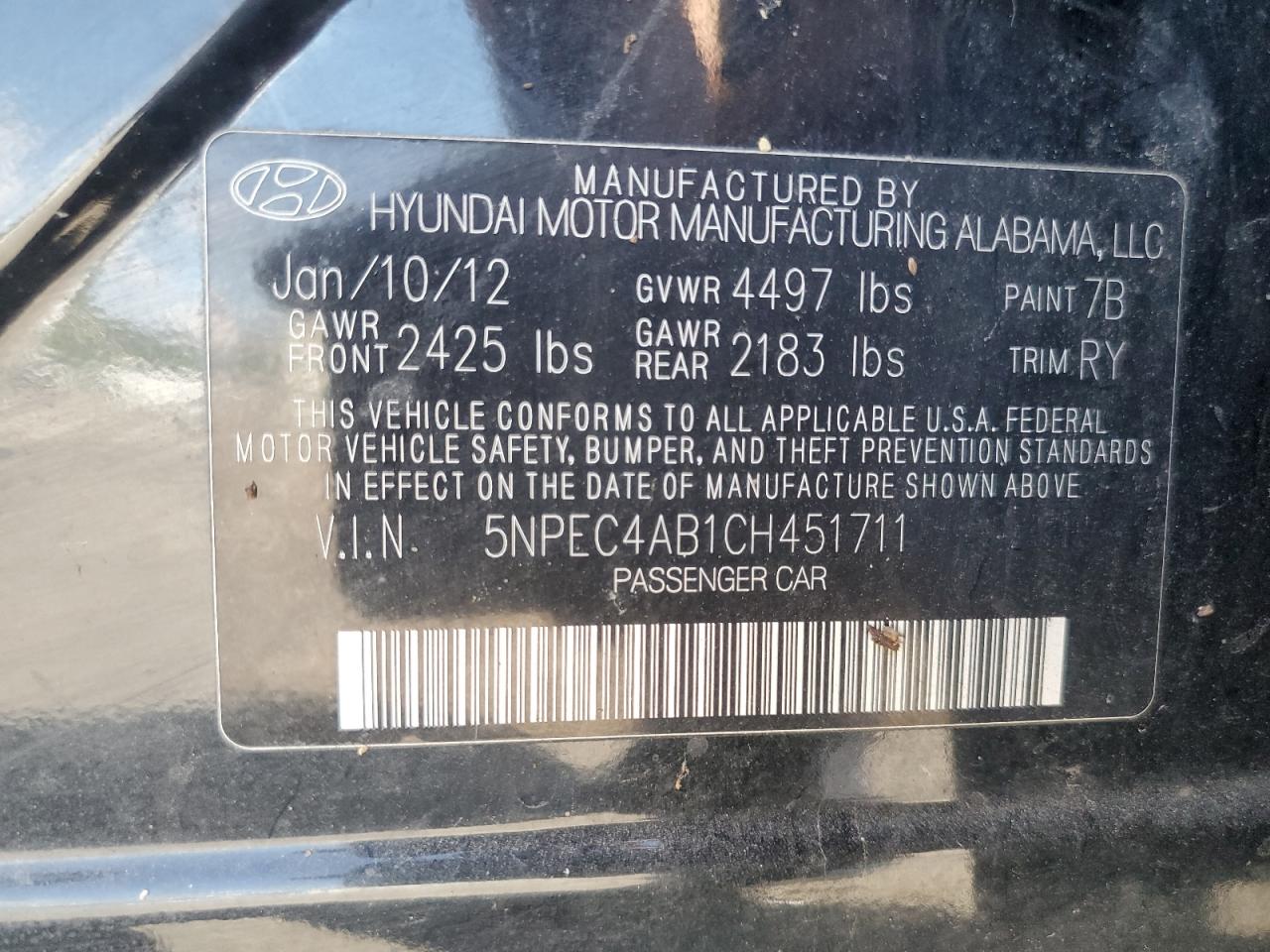 2012 Hyundai Sonata Se VIN: 5NPEC4AB1CH451711 Lot: 65021255