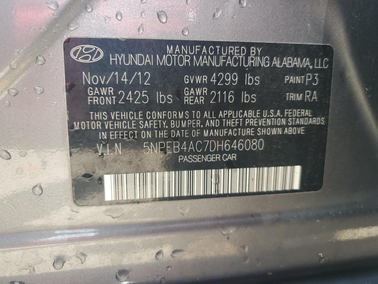 2013 Hyundai Sonata Gls VIN: 5NPEB4AC7DH646080 Lot: 64889185