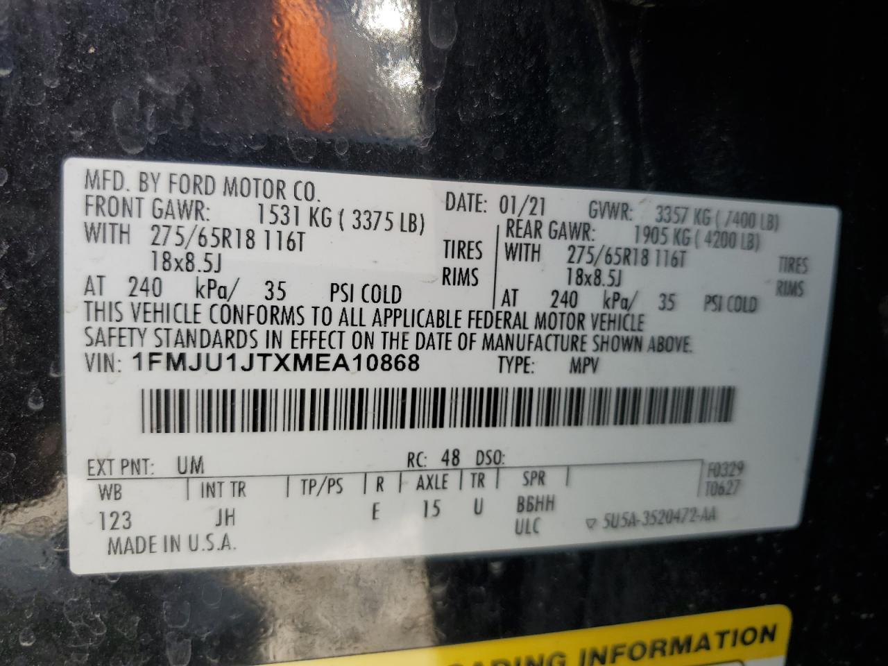 2021 Ford Expedition Xlt VIN: 1FMJU1JTXMEA10868 Lot: 62817515
