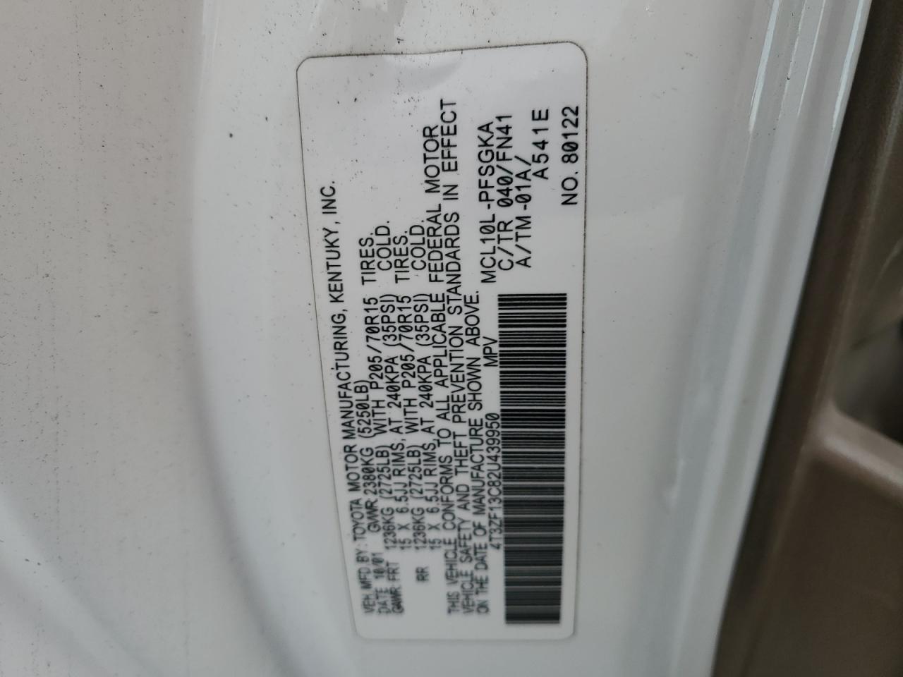 2002 Toyota Sienna Le VIN: 4T3ZF13C82U439950 Lot: 65198235