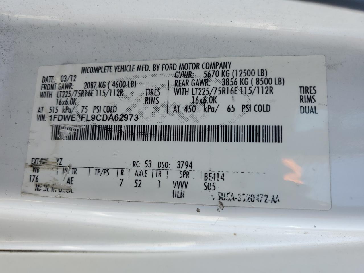 2012 Ford Econoline E350 Super Duty Cutaway Van VIN: 1FDWE3FL9CDA62973 Lot: 64607175