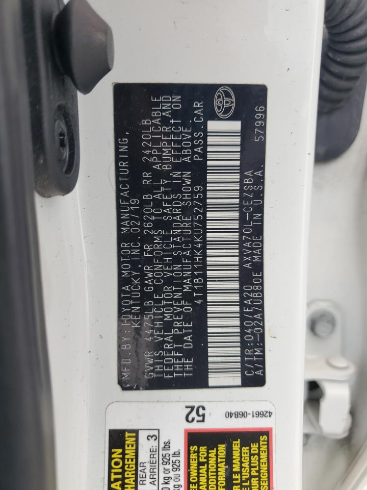 2019 Toyota Camry L VIN: 4T1B11HK4KU752759 Lot: 65258375
