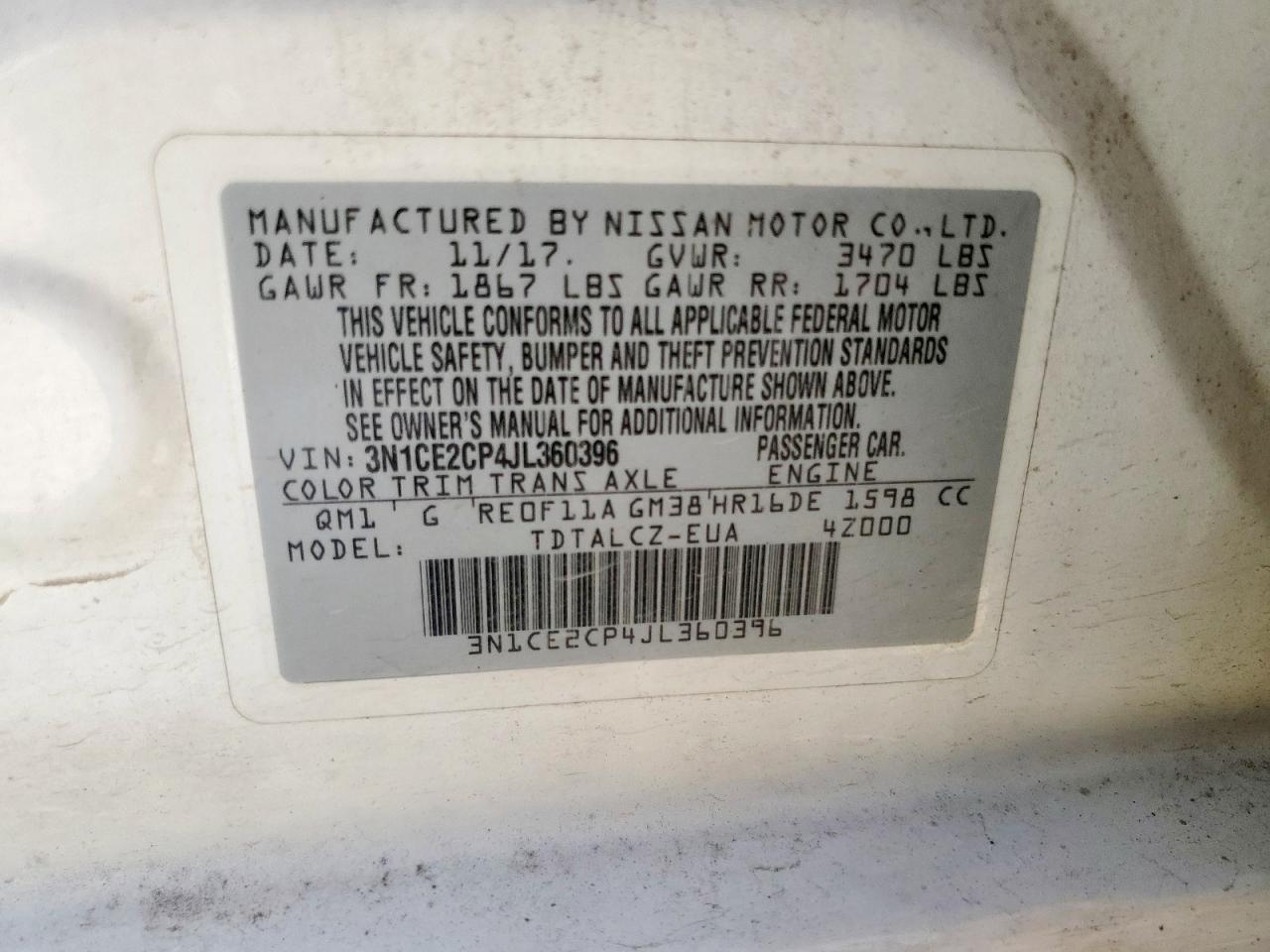 2018 Nissan Versa Note S VIN: 3N1CE2CP4JL360396 Lot: 65231895
