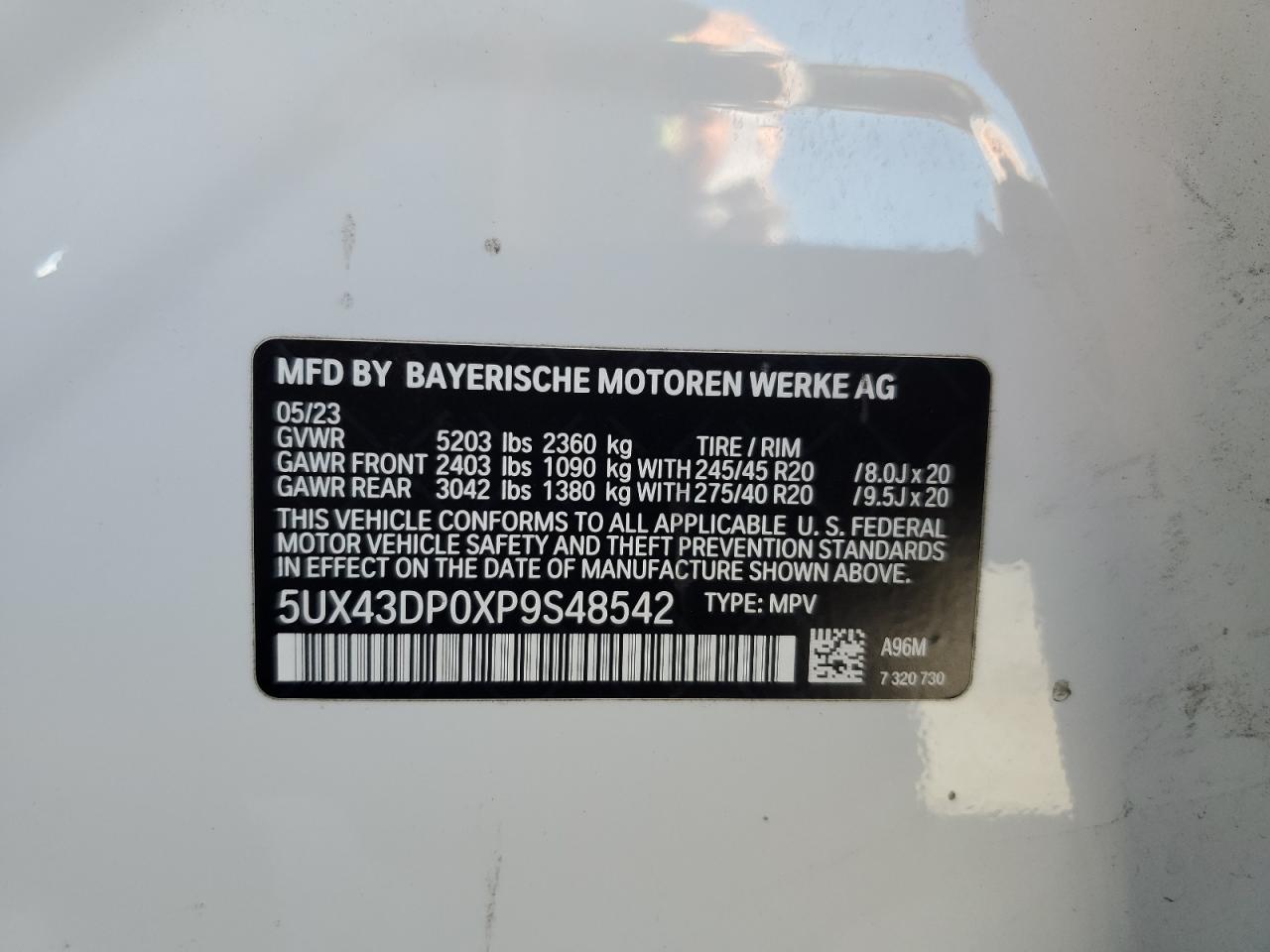 2023 BMW X3 Sdrive30I VIN: 5UX43DP0XP9S48542 Lot: 64104925