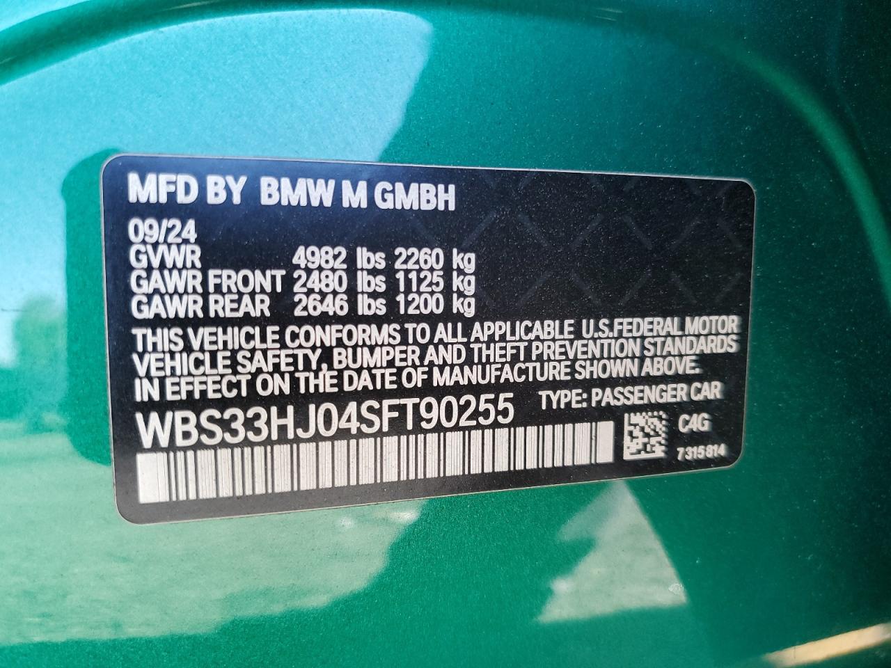 2025 BMW M3 Competition VIN: WBS33HJ04SFT90255 Lot: 62728895