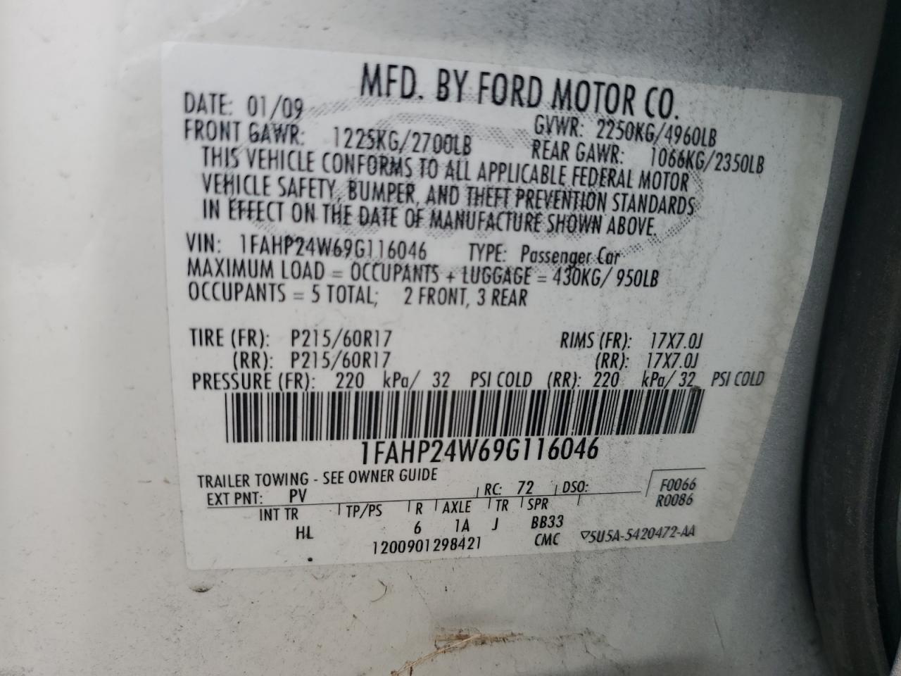 2009 Ford Taurus Sel VIN: 1FAHP24W69G116046 Lot: 64574445