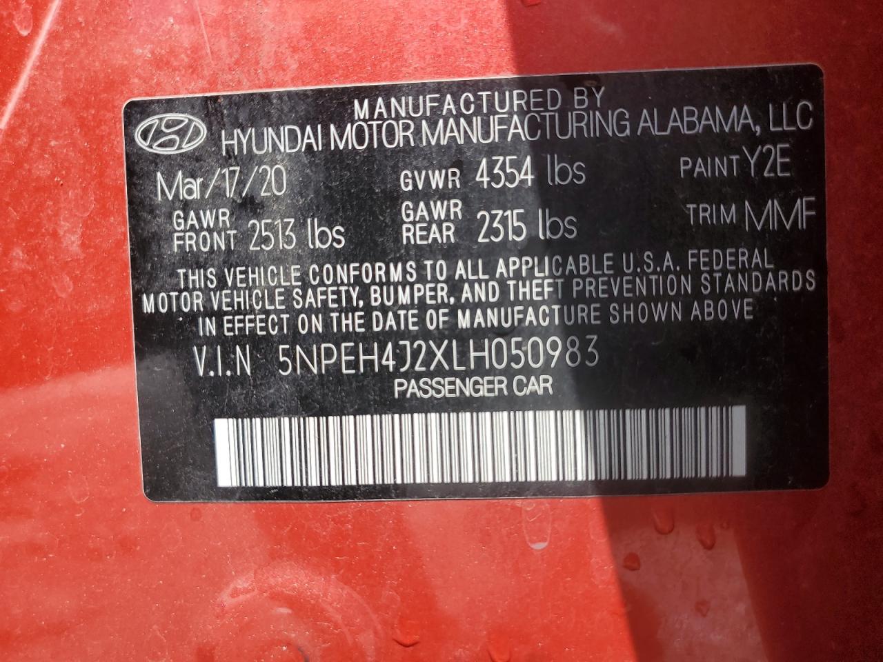 2020 Hyundai Sonata Limited VIN: 5NPEH4J2XLH050983 Lot: 65651405