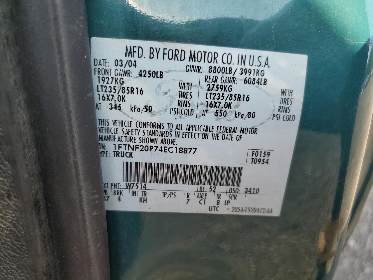 2004 Ford F250 Super Duty VIN: 1FTNF20P74EC18877 Lot: 65595635