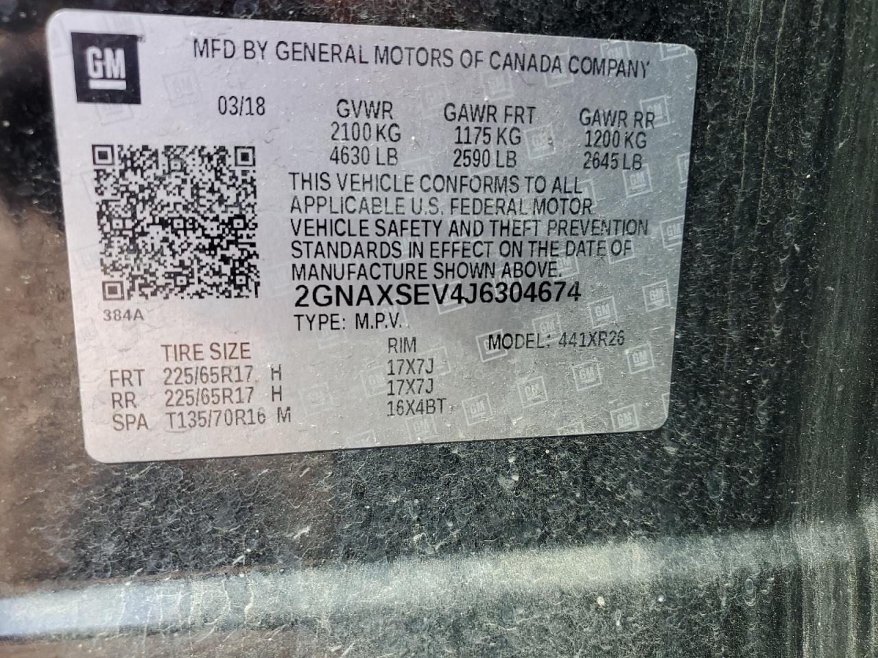 2GNAXSEV4J6304674 2018 Chevrolet Equinox Lt