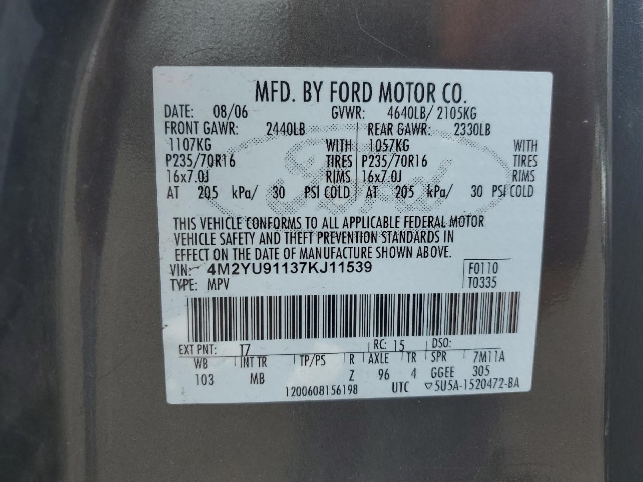2007 Mercury Mariner Luxury VIN: 4M2YU91137KJ11539 Lot: 64846175