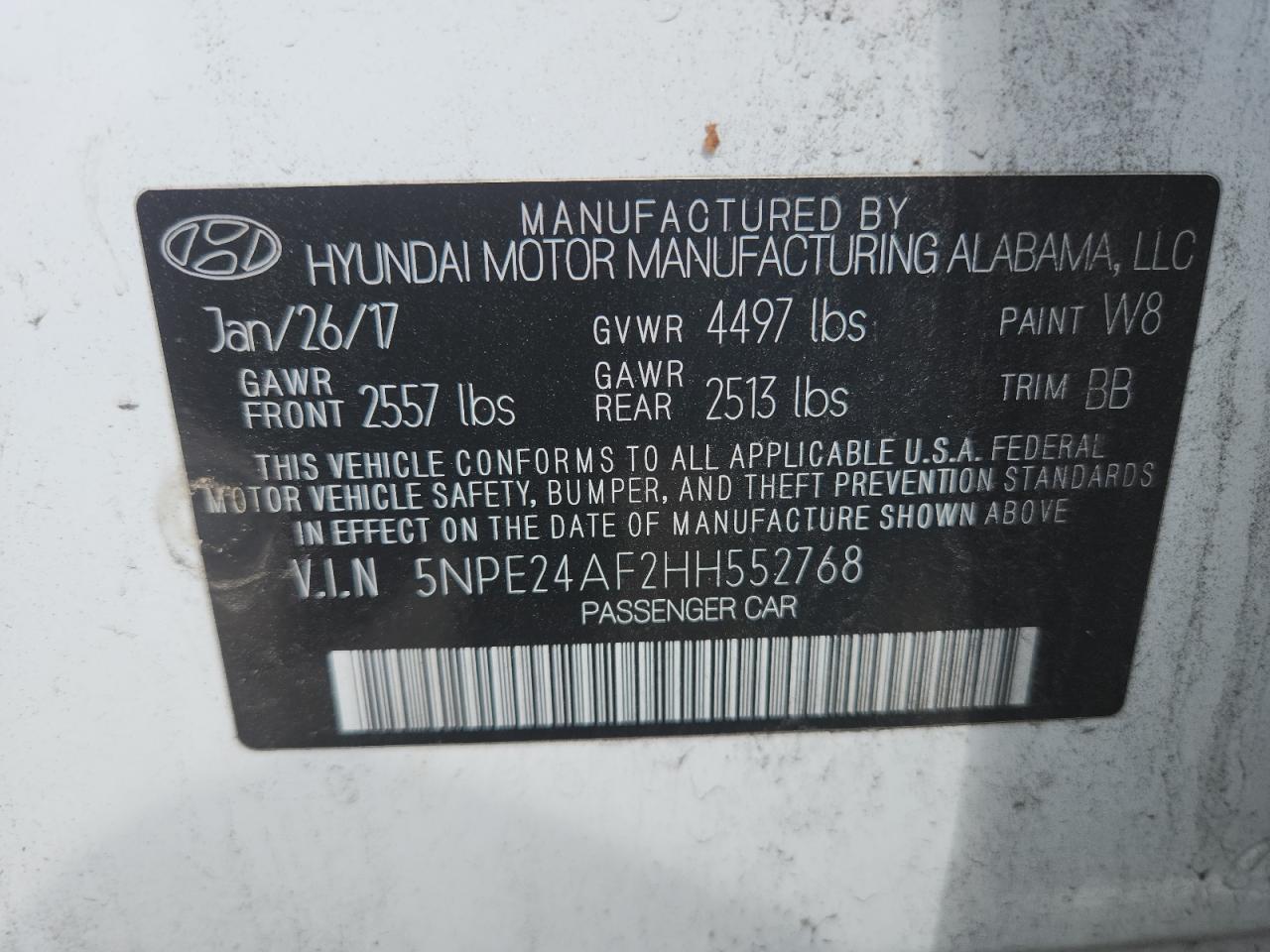 2017 Hyundai Sonata Se VIN: 5NPE24AF2HH552768 Lot: 65647085