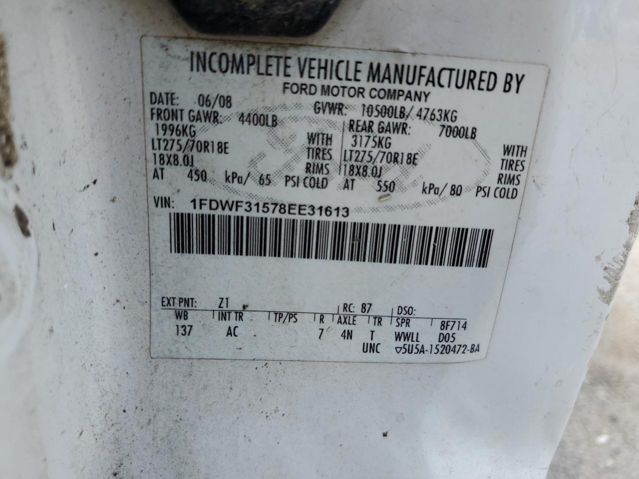 2008 Ford F350 Srw Super Duty VIN: 1FDWF31578EE31613 Lot: 64810375