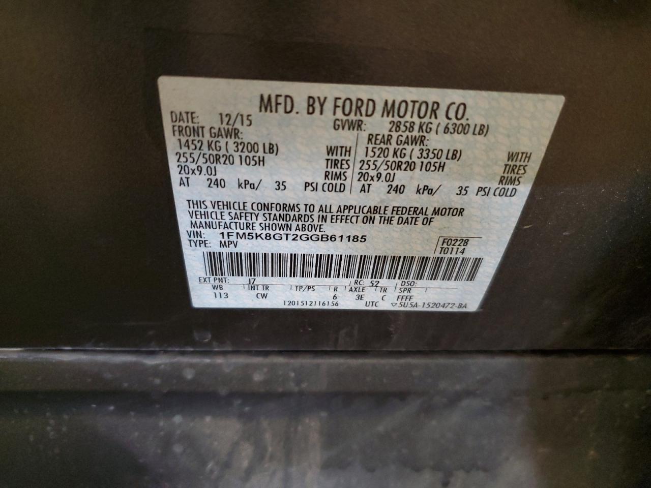 2016 Ford Explorer Sport VIN: 1FM5K8GT2GGB61185 Lot: 64396665