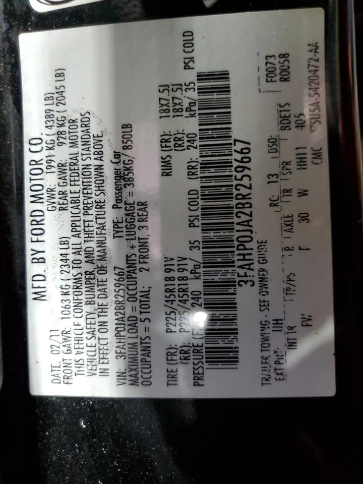 2011 Ford Fusion Sel VIN: 3FAHP0JA2BR259667 Lot: 66031085