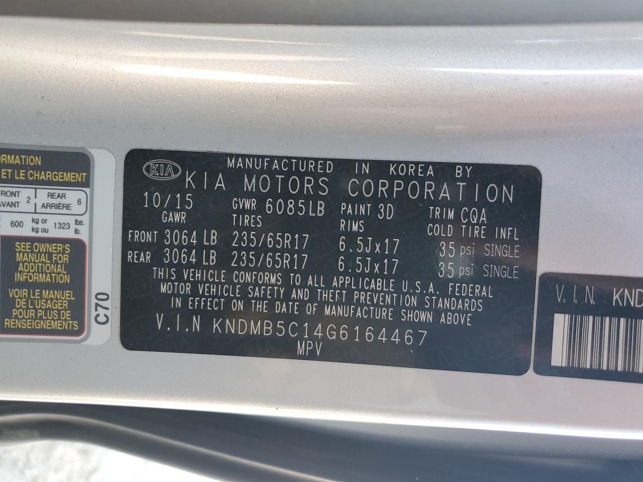 2016 Kia Sedona Lx VIN: KNDMB5C14G6164467 Lot: 64866435