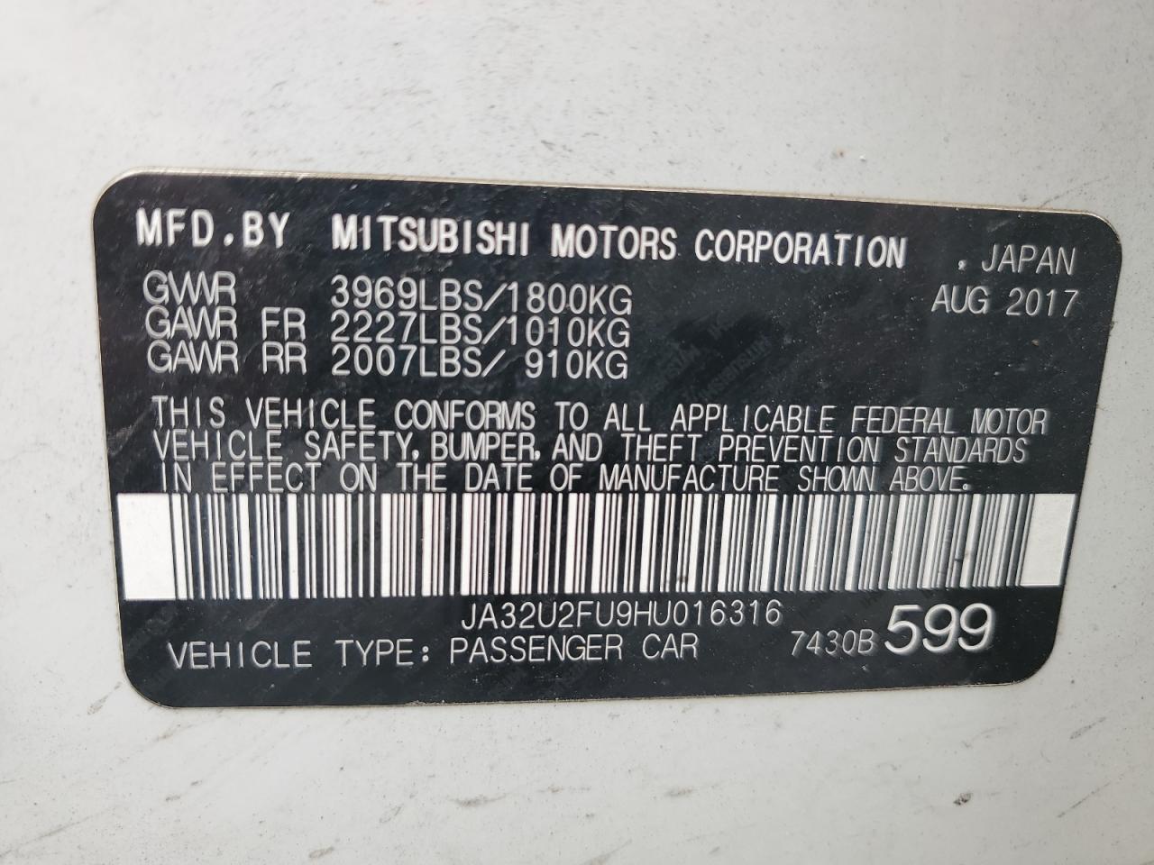 2017 Mitsubishi Lancer Es VIN: JA32U2FU9HU016316 Lot: 66266795