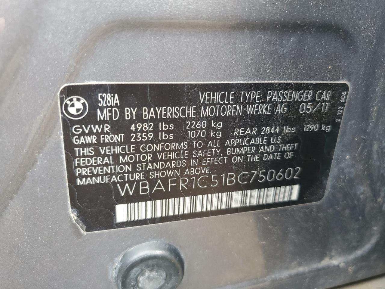 2011 BMW 528 I VIN: WBAFR1C51BC750602 Lot: 63796395