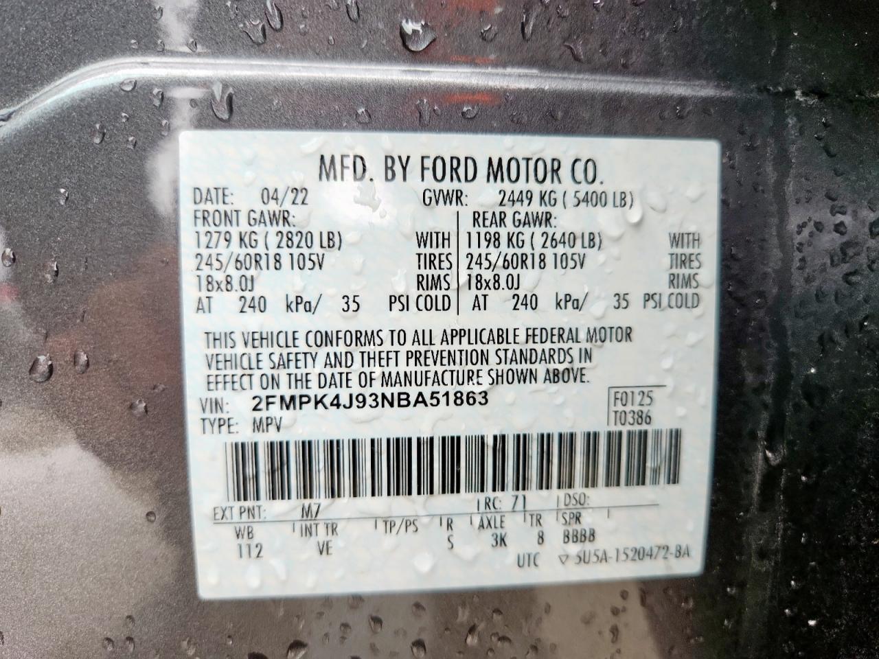 2022 Ford Edge Sel VIN: 2FMPK4J93NBA51863 Lot: 64509245