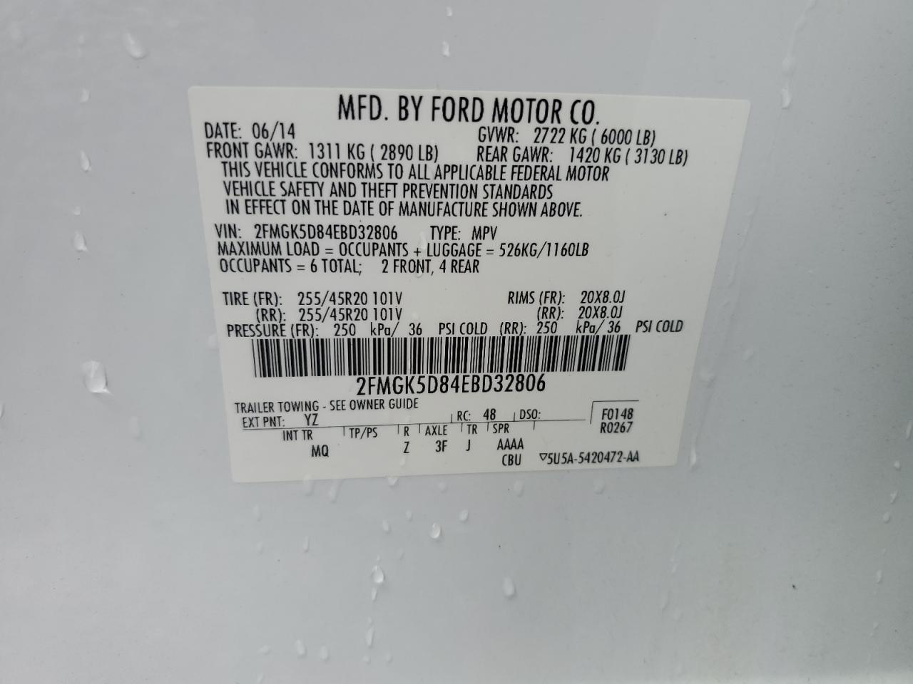 2014 Ford Flex Limited VIN: 2FMGK5D84EBD32806 Lot: 64947455
