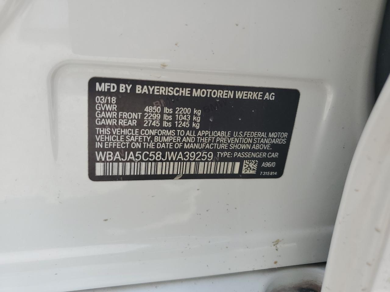 2018 BMW 530 I VIN: WBAJA5C58JWA39259 Lot: 65242725