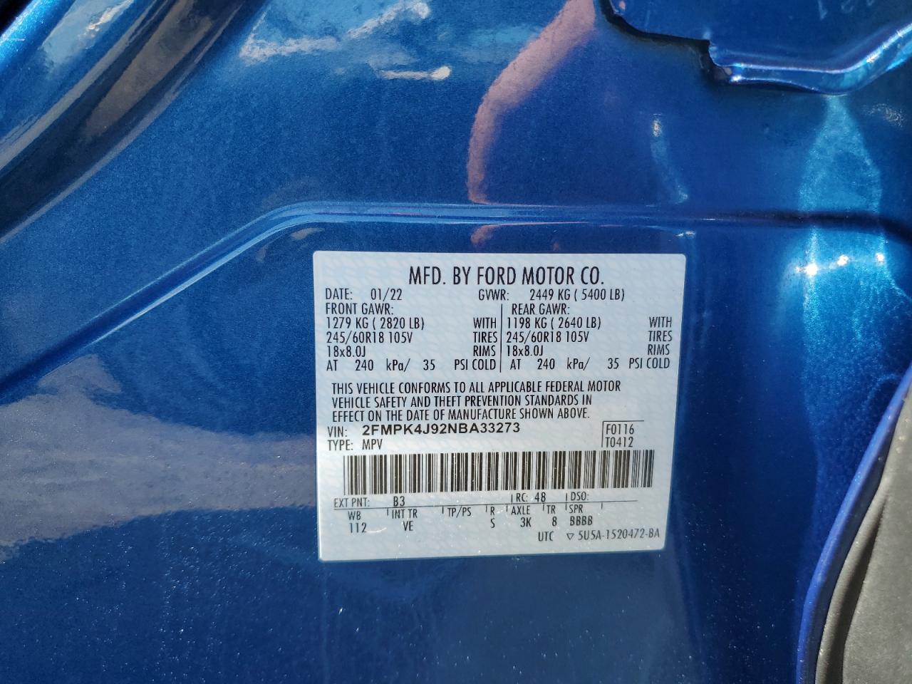 2022 Ford Edge Sel VIN: 2FMPK4J92NBA33273 Lot: 64449715