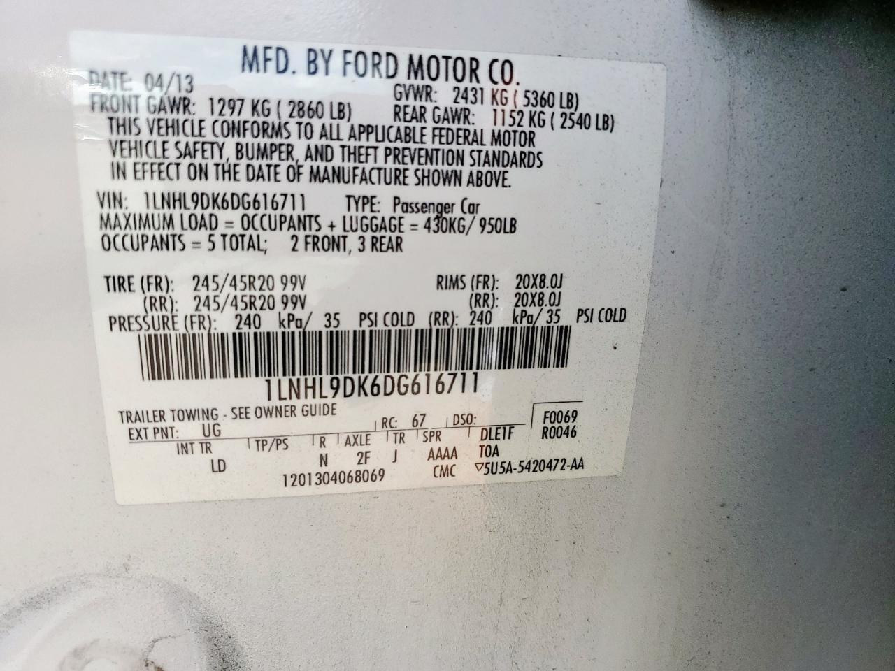 1LNHL9DK6DG616711 2013 Lincoln Mks