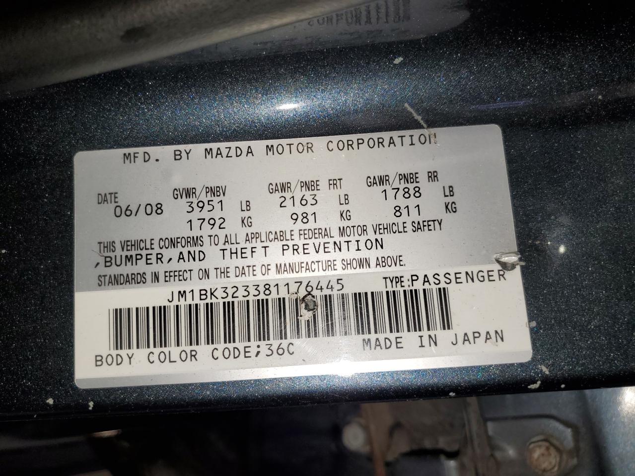 2008 Mazda 3 S VIN: JM1BK323381176445 Lot: 64847175