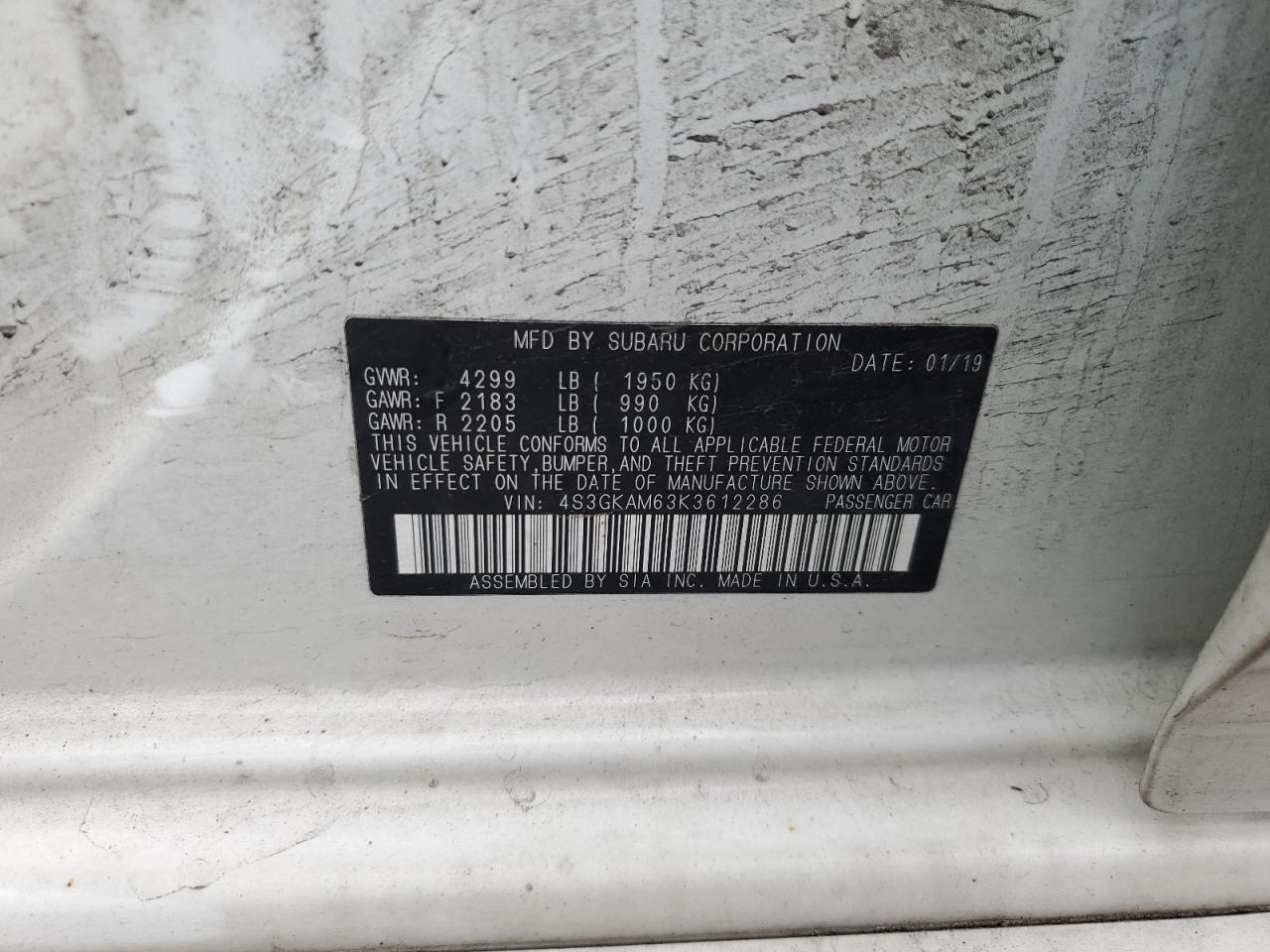 2019 Subaru Impreza Sport VIN: 4S3GKAM63K3612286 Lot: 63658315