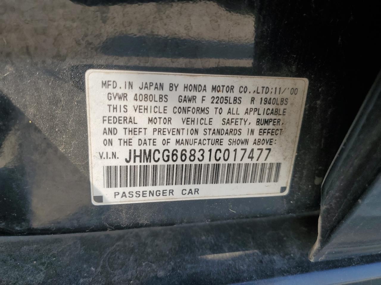 2001 Honda Accord Ex VIN: JHMCG66831C017477 Lot: 63815365