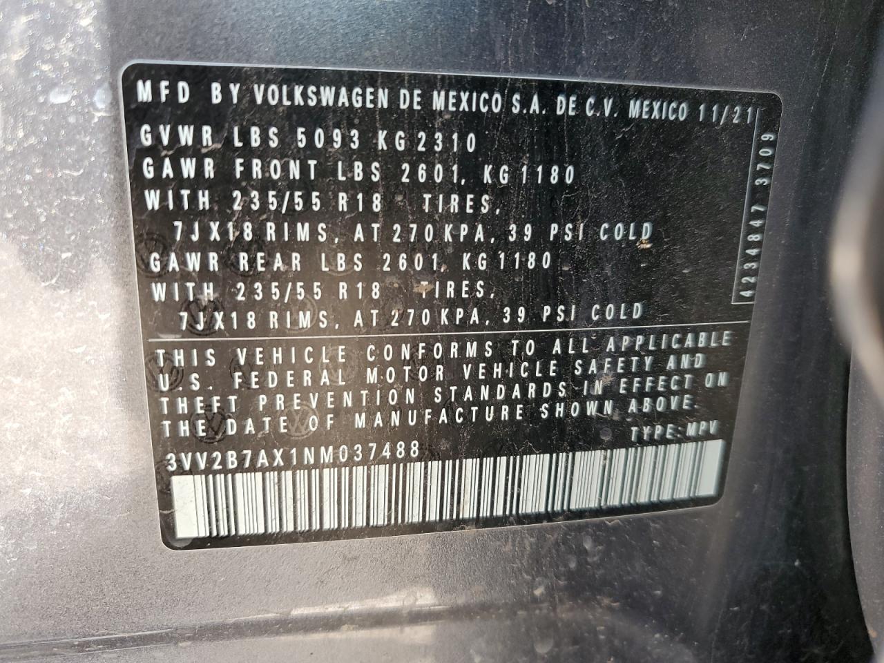 2022 Volkswagen Tiguan Se VIN: 3VV2B7AX1NM037488 Lot: 65252155