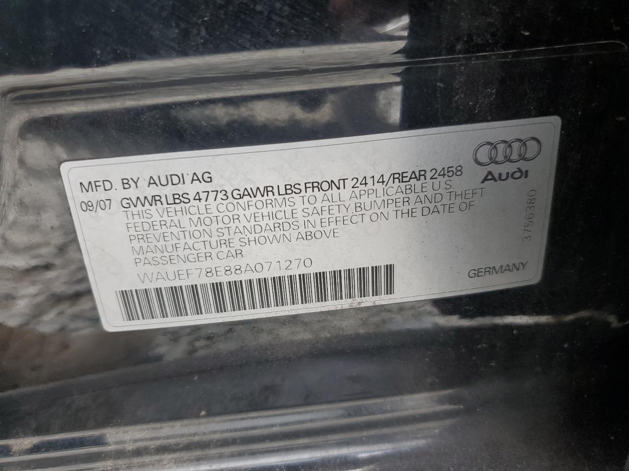 2008 Audi A4 S-Line 2.0T Quattro Turbo VIN: WAUEF78E88A071270 Lot: 65202535
