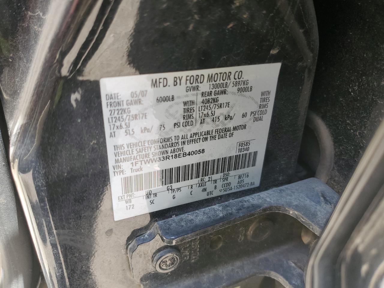 2008 Ford F350 Super Duty VIN: 1FTWW33R18EB40058 Lot: 64474855