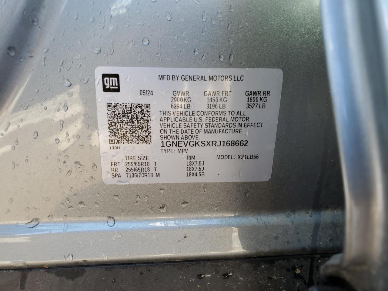 2024 Chevrolet Traverse Lt VIN: 1GNEVGKSXRJ168662 Lot: 63483205