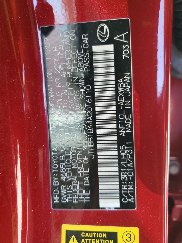 2010 Lexus Hs 250H VIN: JTHBB1BA4A2016110 Lot: 62223155