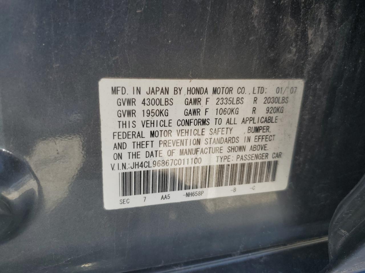 2007 Acura Tsx VIN: JH4CL96867C011100 Lot: 63294175