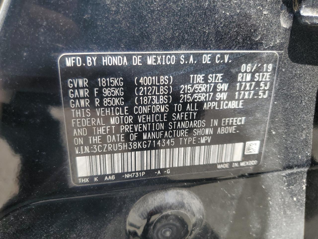 2019 Honda Hr-V Lx VIN: 3CZRU5H38KG714345 Lot: 62079335