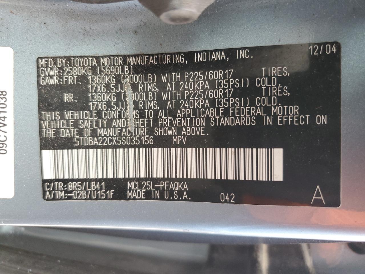 2005 Toyota Sienna Xle VIN: 5TDBA22CX5S035156 Lot: 64056775