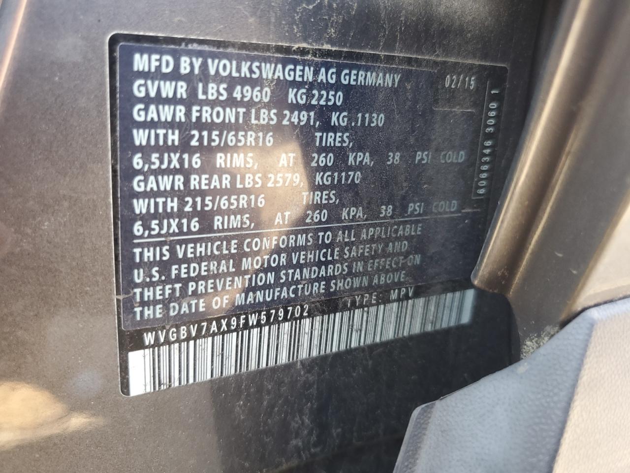 2015 Volkswagen Tiguan S VIN: WVGBV7AX9FW579702 Lot: 64668355