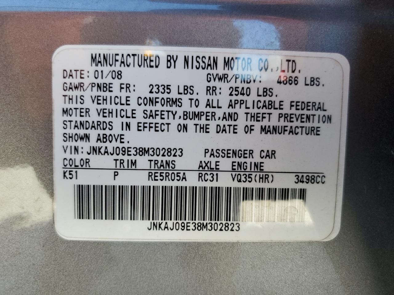 2008 Infiniti Ex35 Base VIN: JNKAJ09E38M302823 Lot: 65204015
