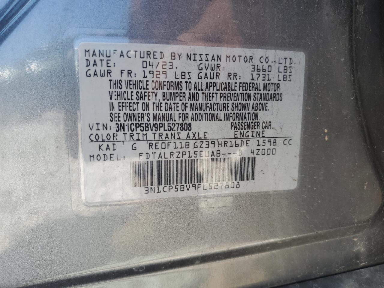 2023 Nissan Kicks S VIN: 3N1CP5BV9PL527808 Lot: 63703225