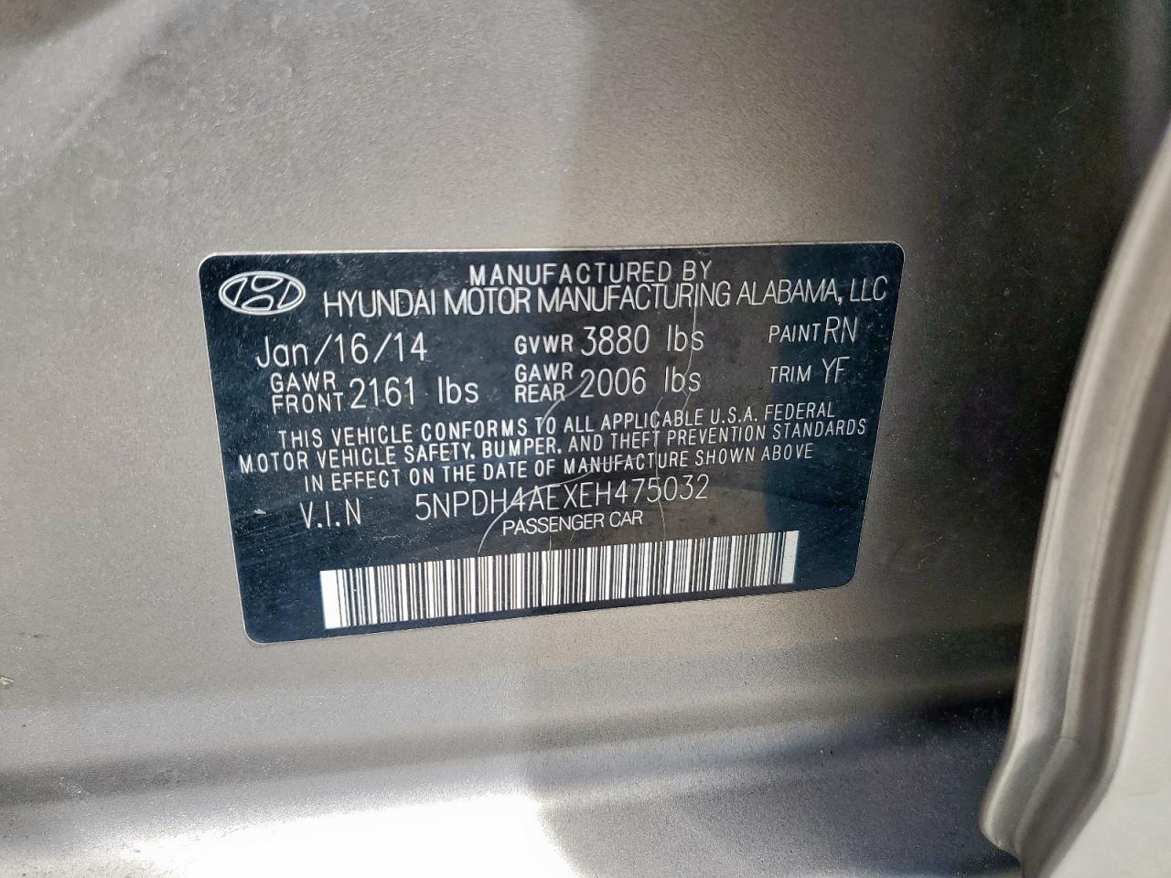 2014 Hyundai Elantra Se VIN: 5NPDH4AEXEH475032 Lot: 65259175