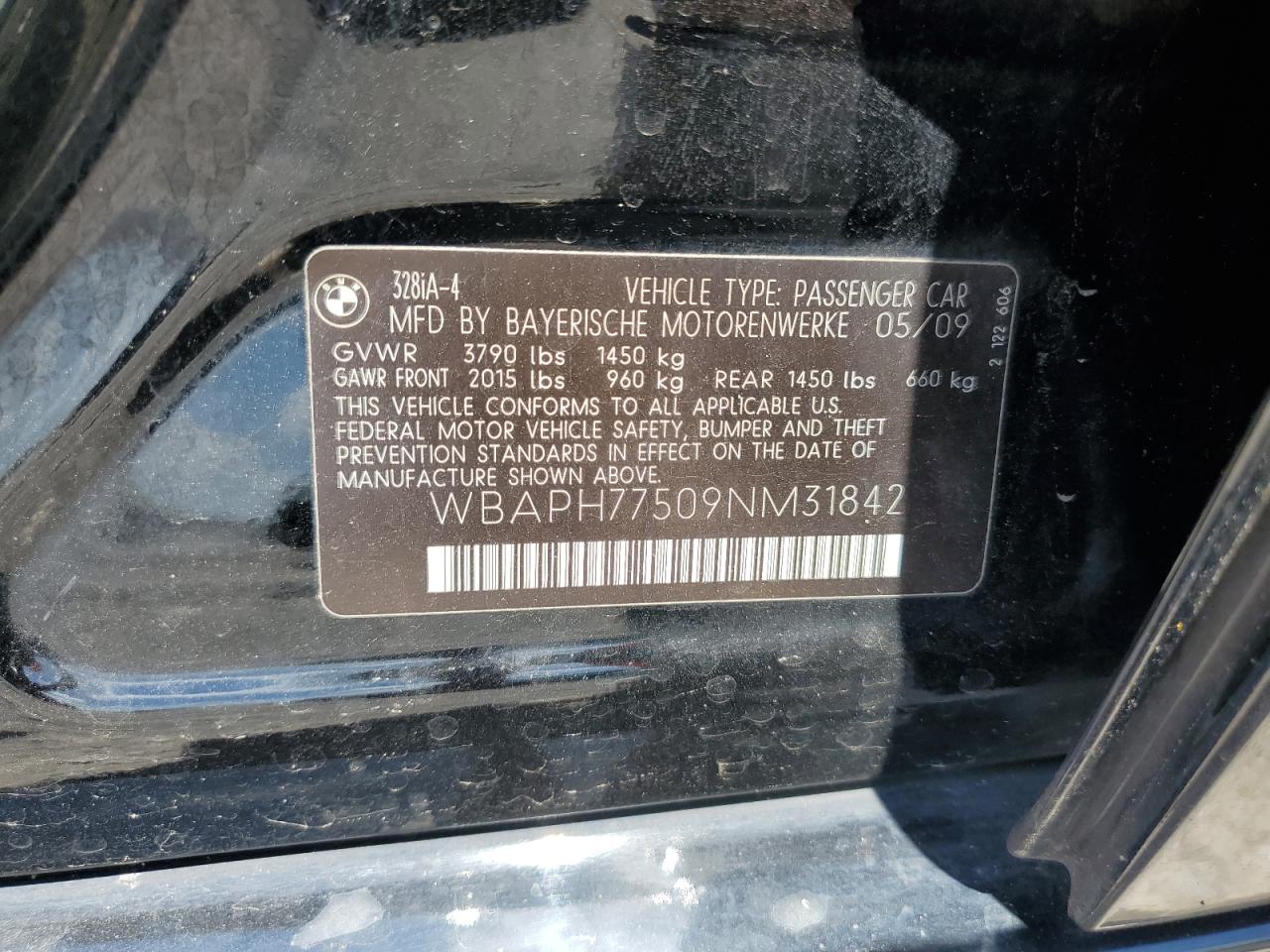 2009 BMW 328 I VIN: WBAPH77509NM31842 Lot: 63021285